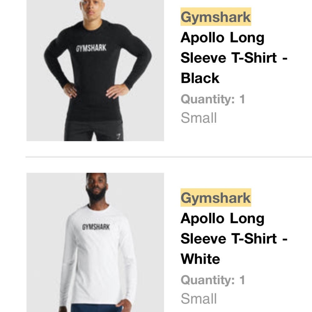 Gymshark Long Sleeve Shirt Set of 2 Apollo Black and White